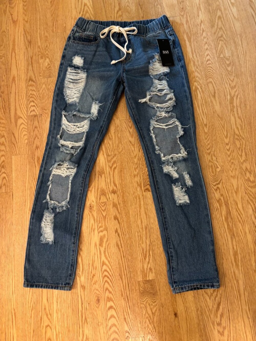 American Bazi Womens Small Denim Joggers Blue Distressed Elastic Waist RJJ-3468